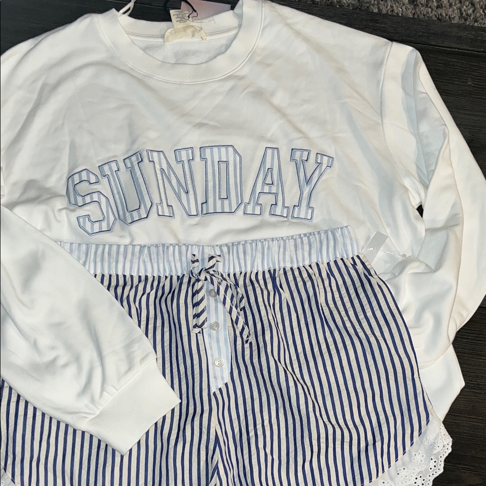 White 'Sunday' Sweatshirt and Striped Shorts Set size large made by happily grey